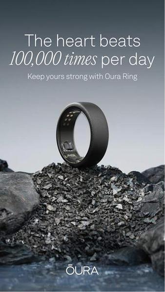 A clean, high-contrast creative featuring a smart ring resting on a bed of dark stone to emphasize durability and wellness monitoring.